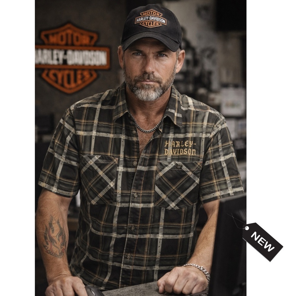 NWT Harley-Davidson® Men's Tire Tread Short Sleeve Plaid Woven Shirt 962…